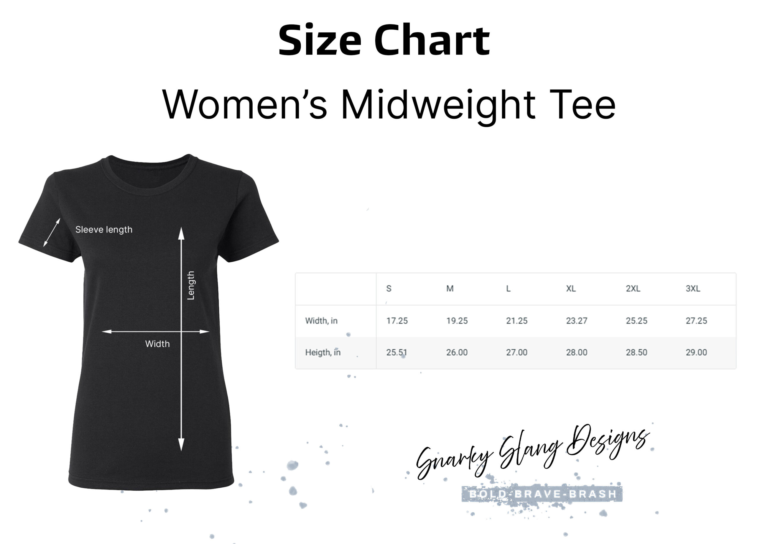 Snarky Slang Women's Midweight Cotton T-shirt size chart