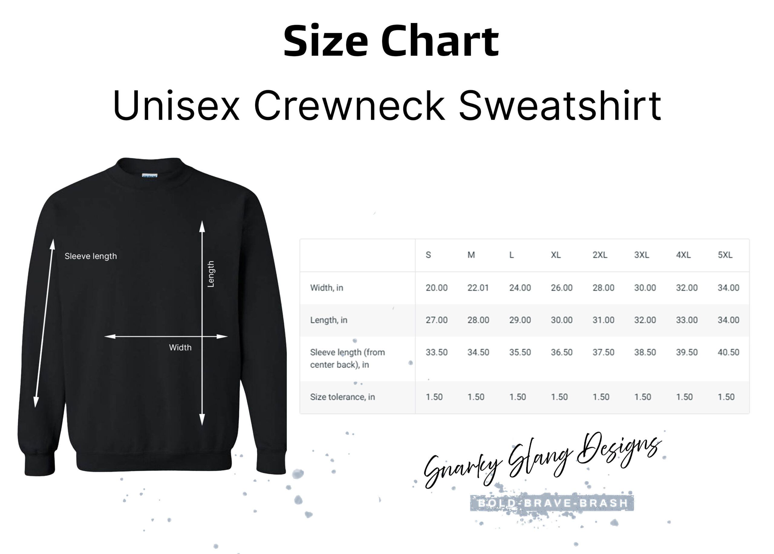 Snarky Slang Crewneck Sweatshirt Size Chart