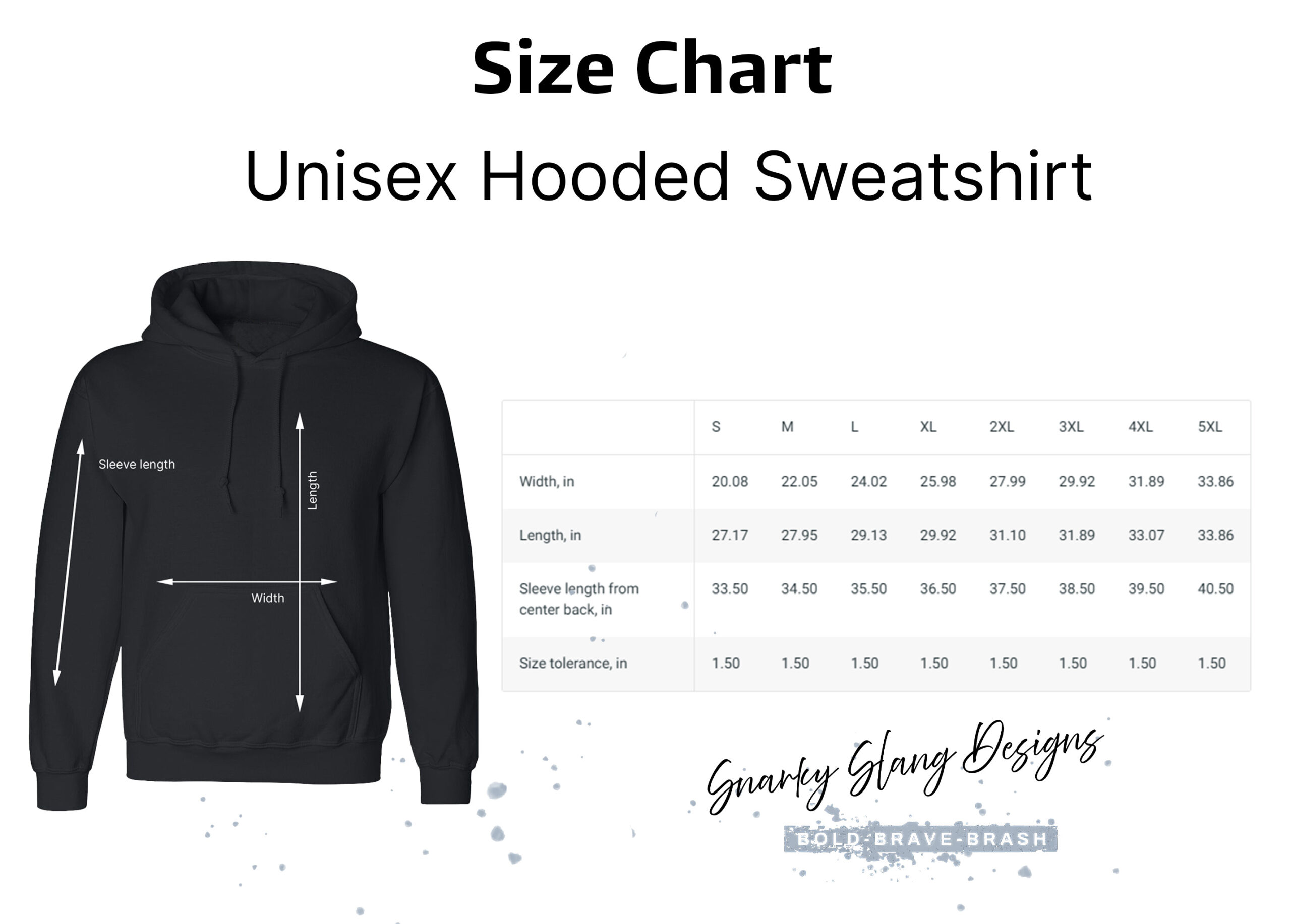 Snarky Slang Hooded Sweatshirt size chart