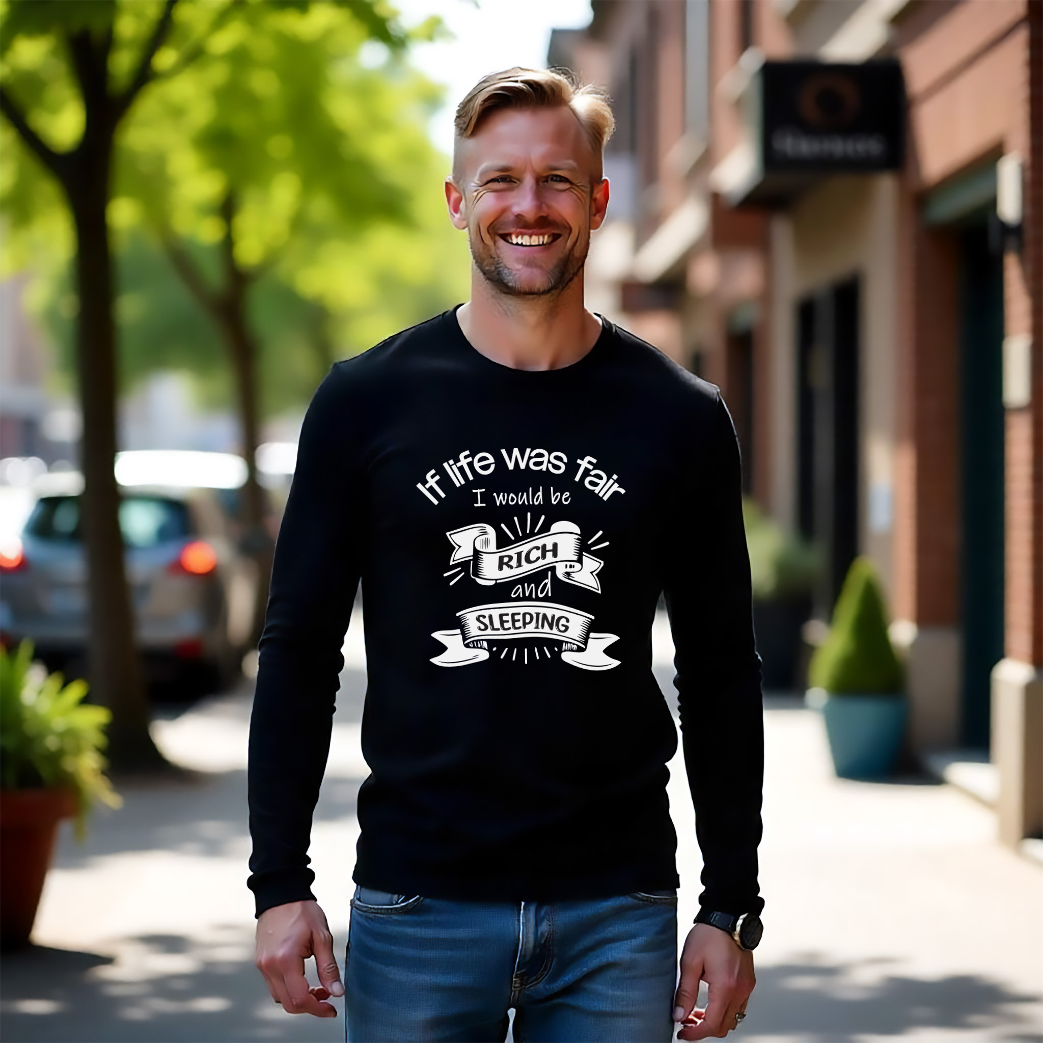 Man wearing black long sleeve t-shirt "If life was fair, I'd be rich and sleeping"