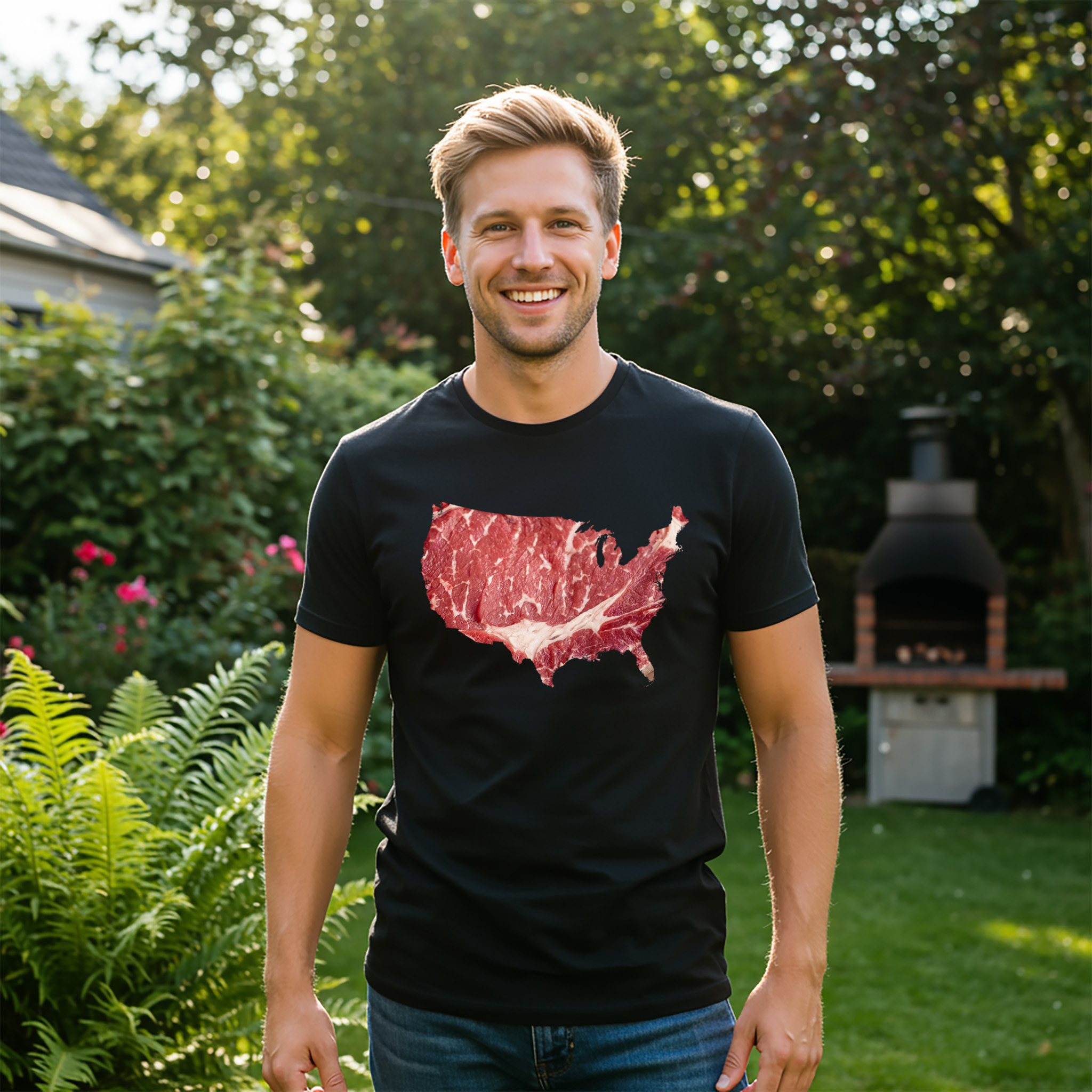 Man wearing black t-shirt with USA map that is steak, United Steak of America
