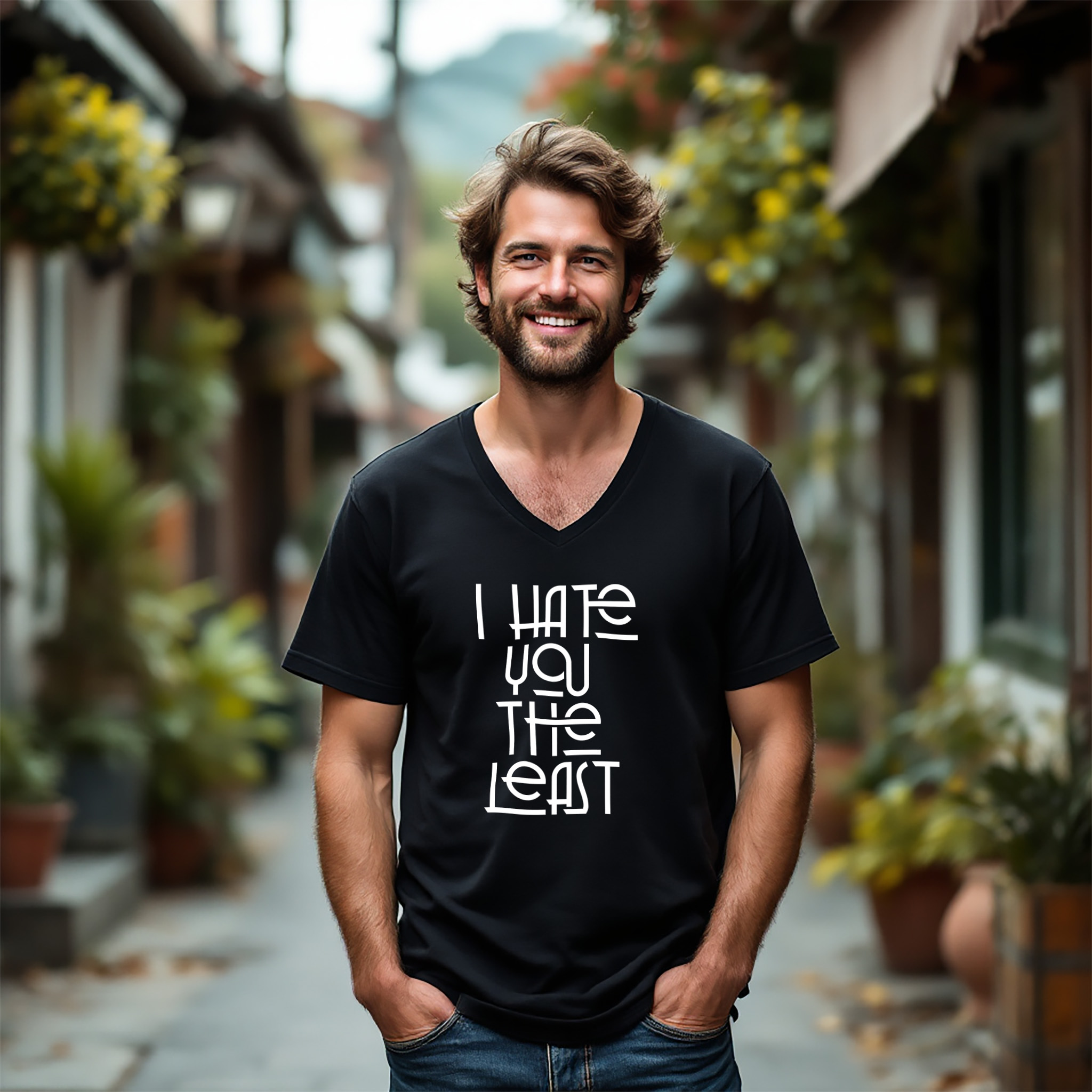 Man wearing black v-neck tshirt "I hate you the least" by Snarky Slang