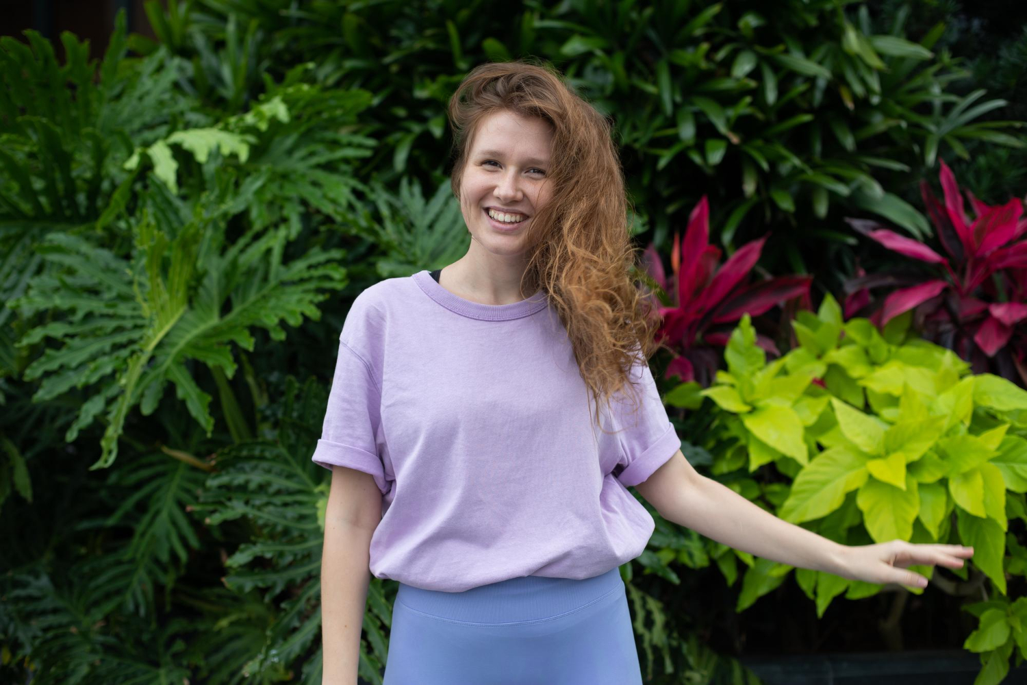 purple tee with plants
