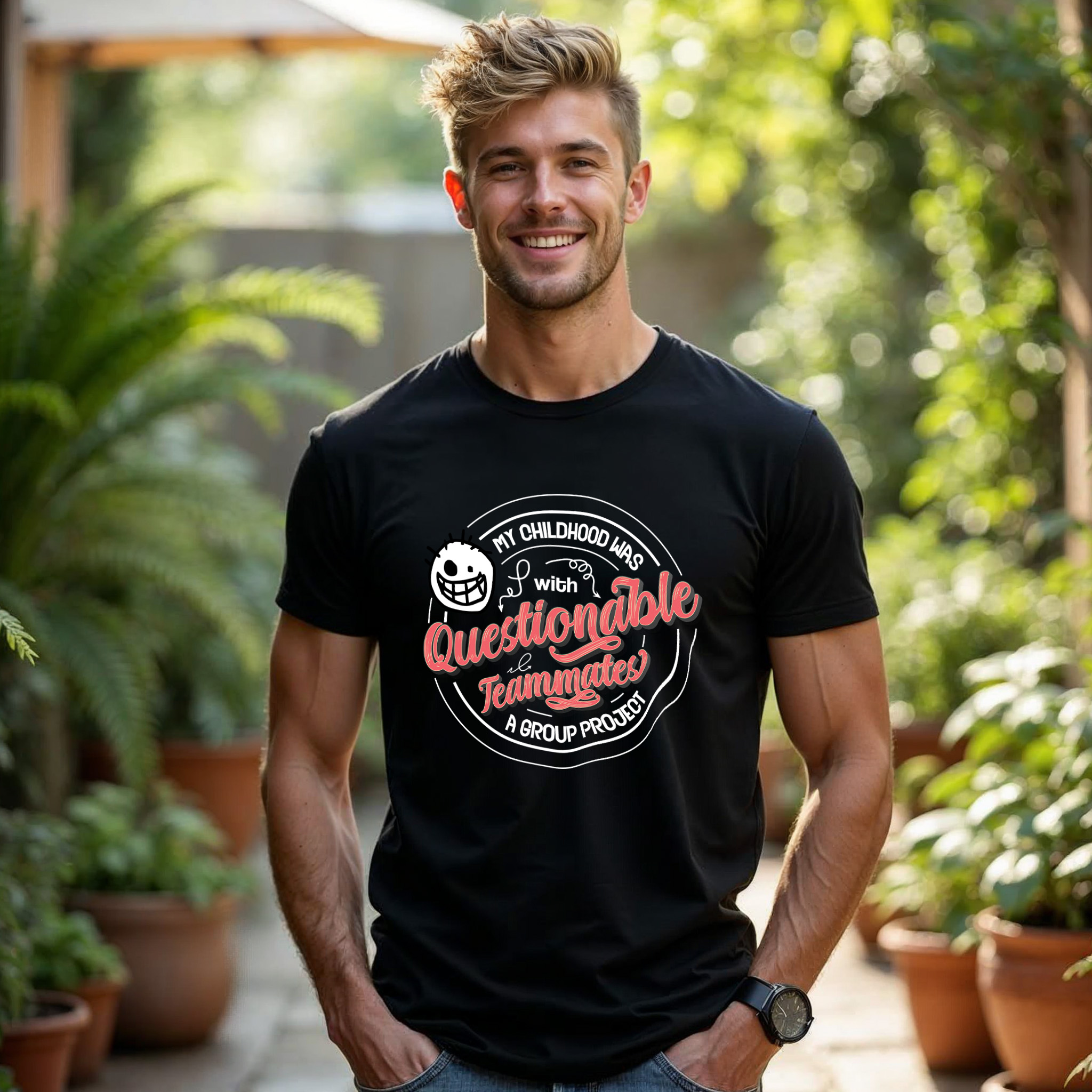 Man wearing black t-shirt with circular design "My childhood was a group project with questionable teammates" by Snarky Slang